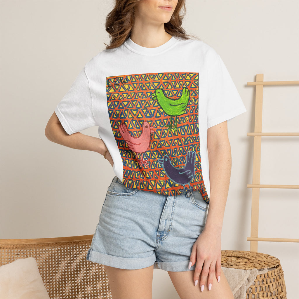 Bird Pattern T-Shirt — Colorful Folk Art Birds on Geometric Background