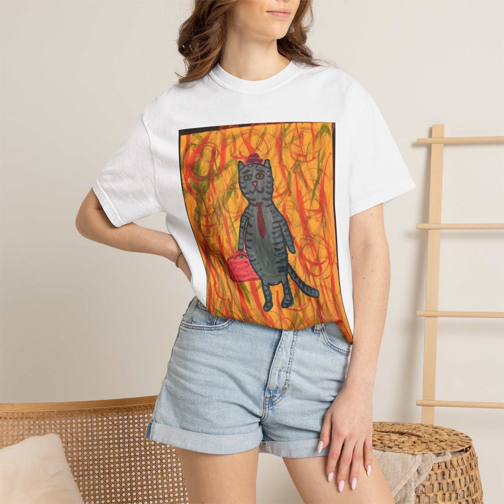 Cat Salesman T-Shirt — Whimsical Cat Painting Tee