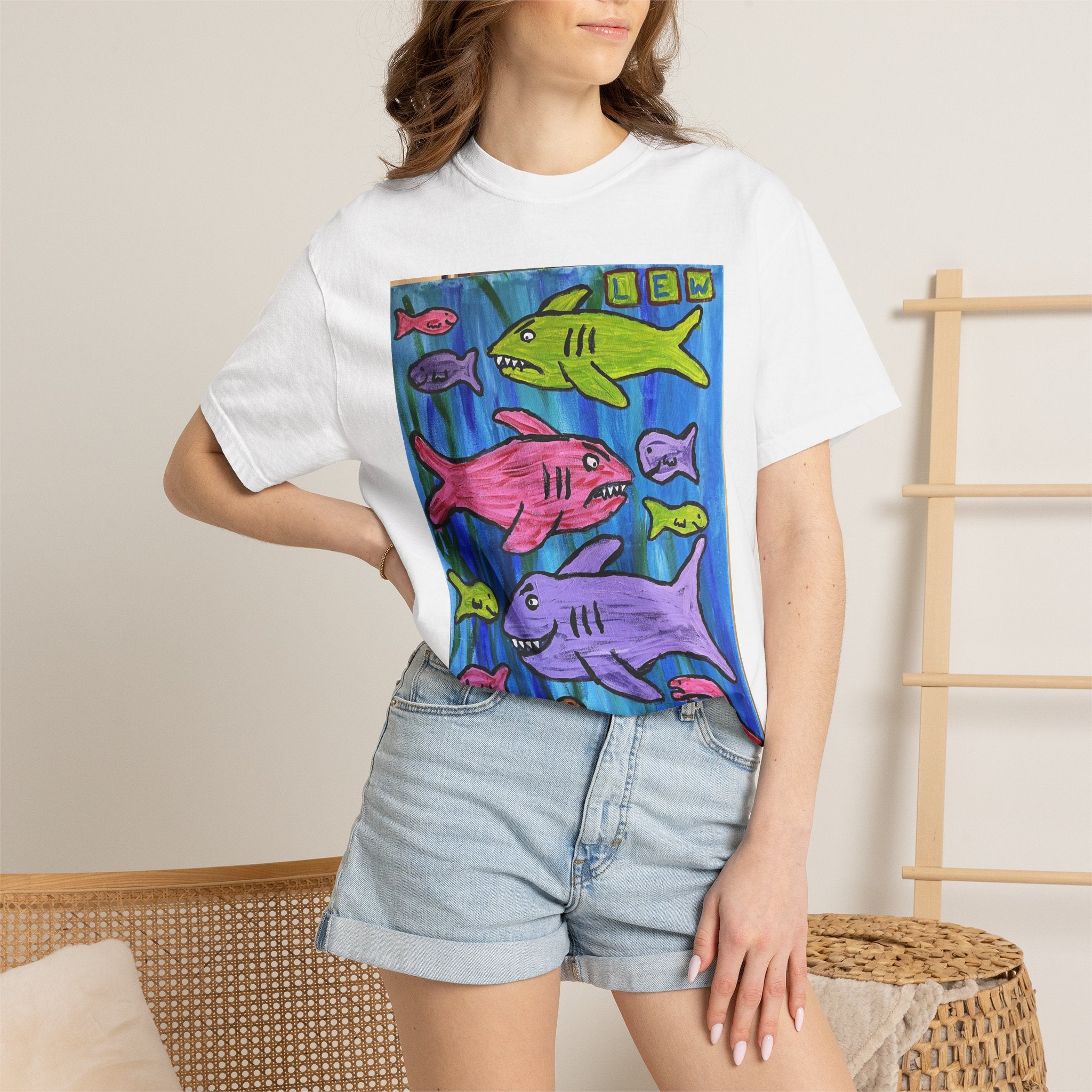 Colorful Cartoon Sharks T-Shirt — Cute Ocean Fish Art Tee