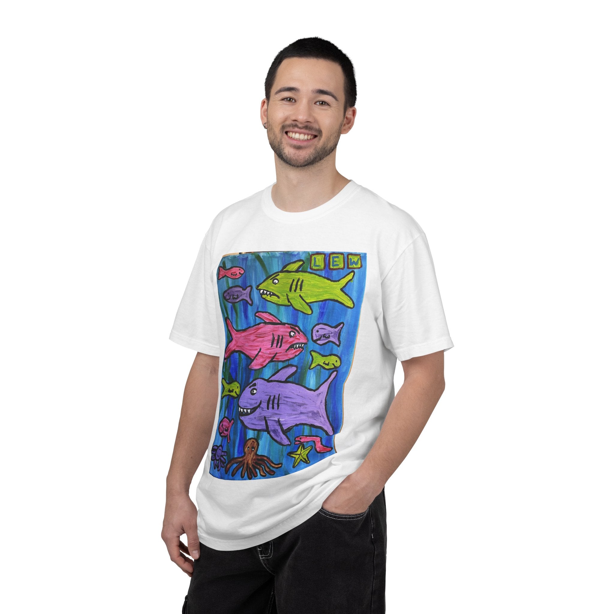 Colorful Cartoon Sharks T-Shirt — Cute Ocean Fish Art Tee
