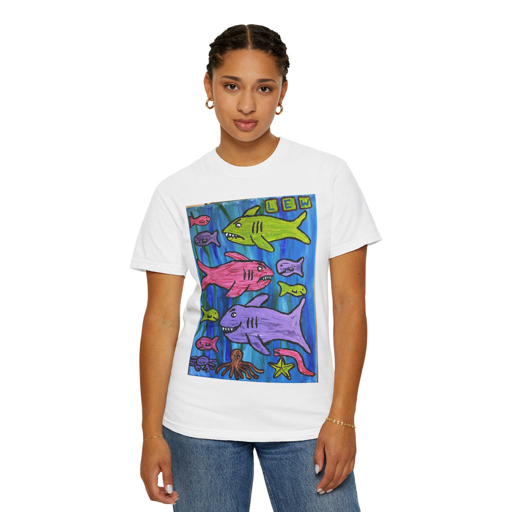 Colorful Cartoon Sharks T-Shirt — Cute Ocean Fish Art Tee