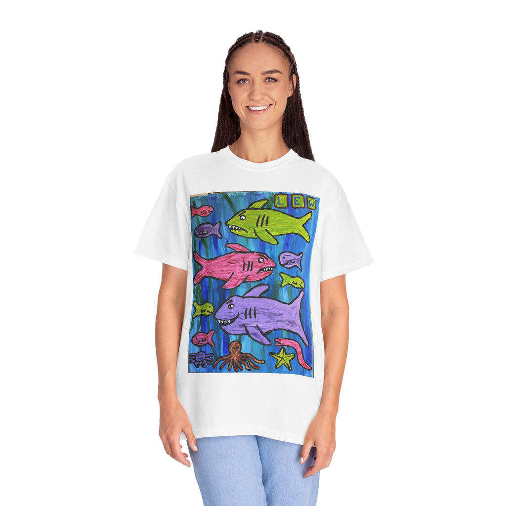 Colorful Cartoon Sharks T-Shirt — Cute Ocean Fish Art Tee