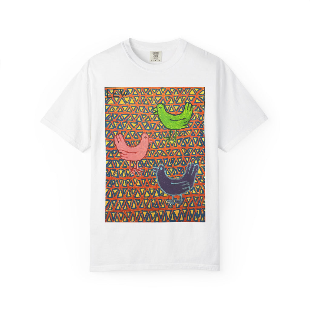 Bird Pattern T-Shirt — Colorful Folk Art Birds on Geometric Background