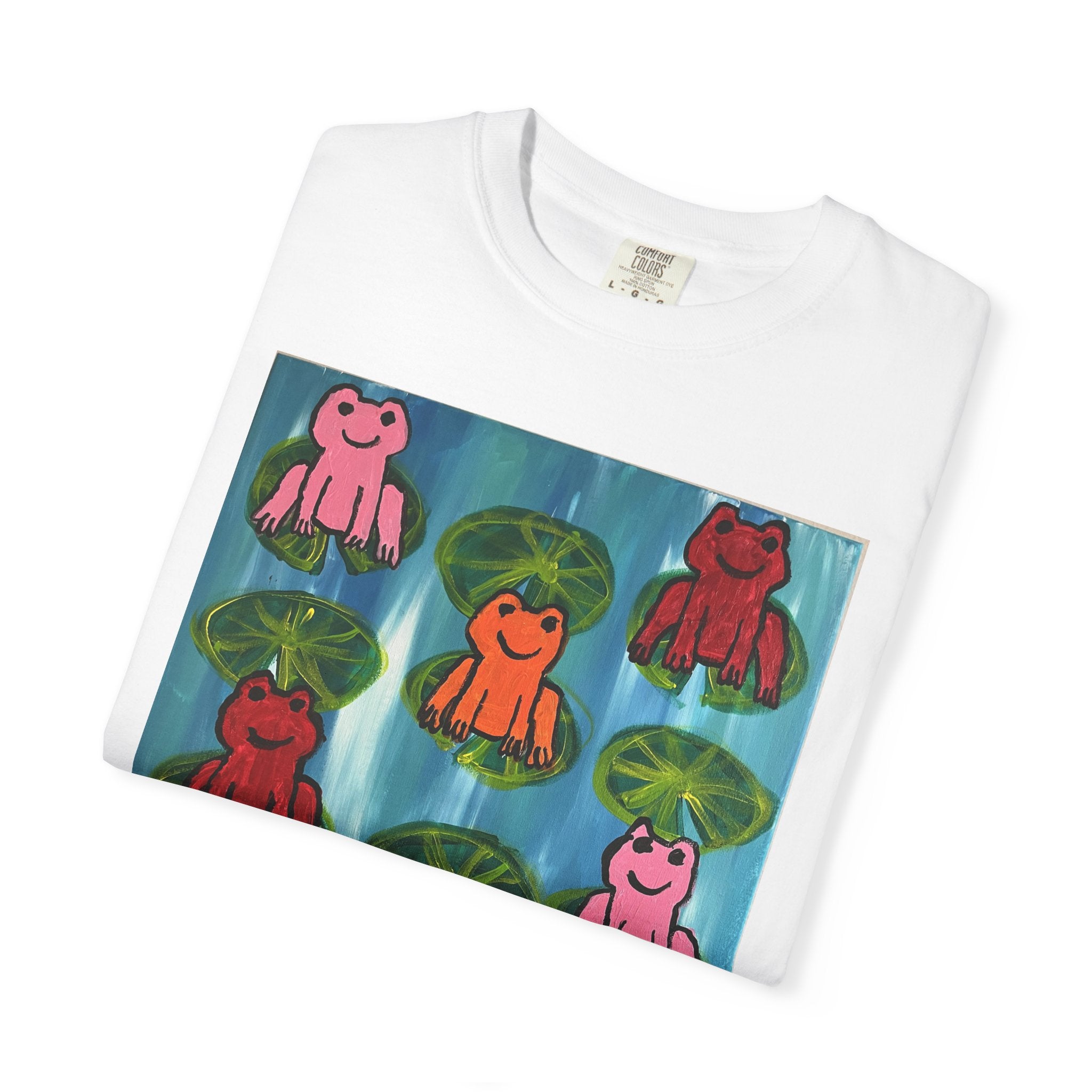 Colorful Frog Art T-Shirt — Playful Lily Pad Graphic Tee