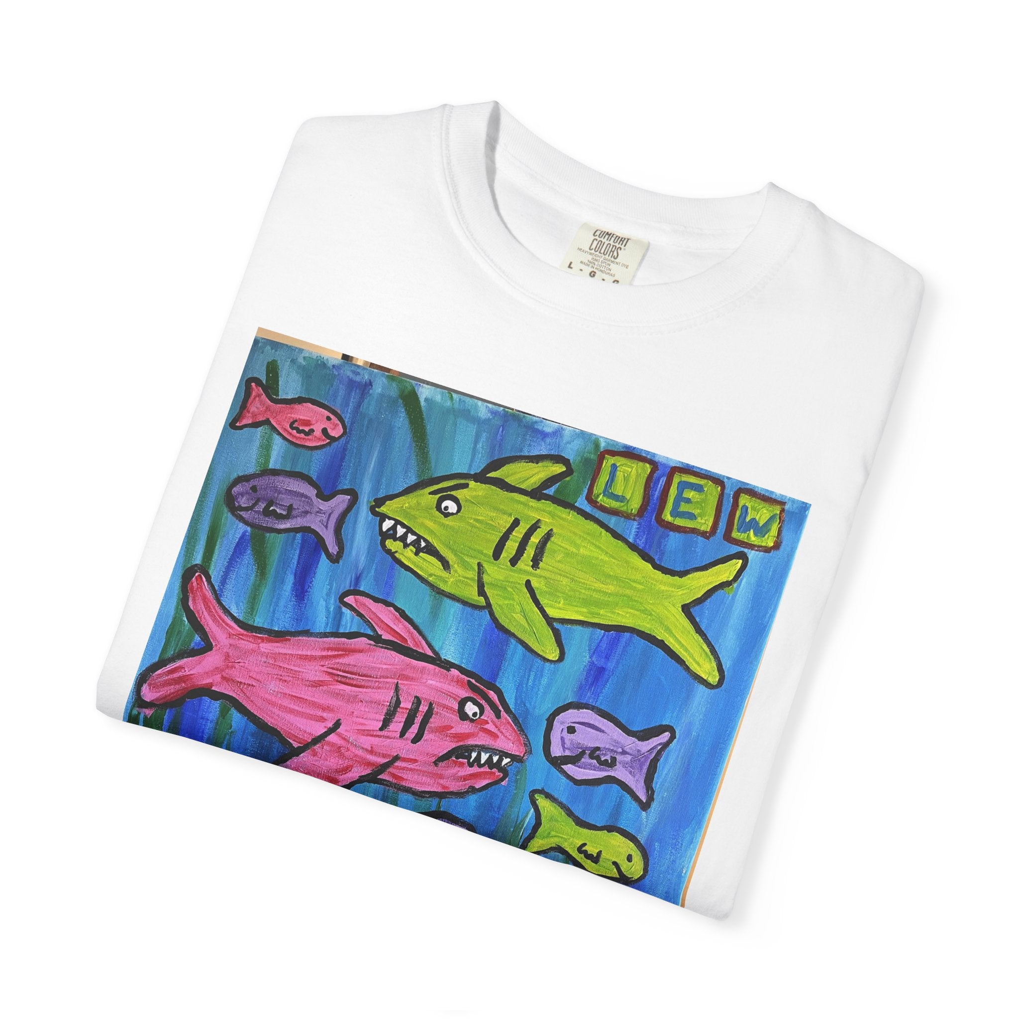 Colorful Cartoon Sharks T-Shirt — Cute Ocean Fish Art Tee