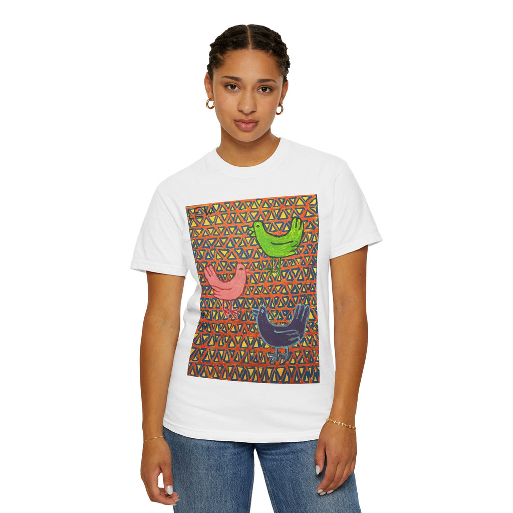 Bird Pattern T-Shirt — Colorful Folk Art Birds on Geometric Background