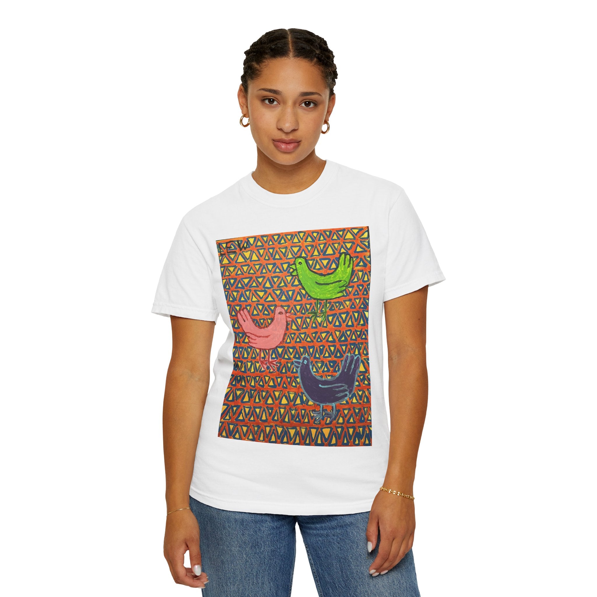 Bird Pattern T-Shirt — Colorful Folk Art Birds on Geometric Background