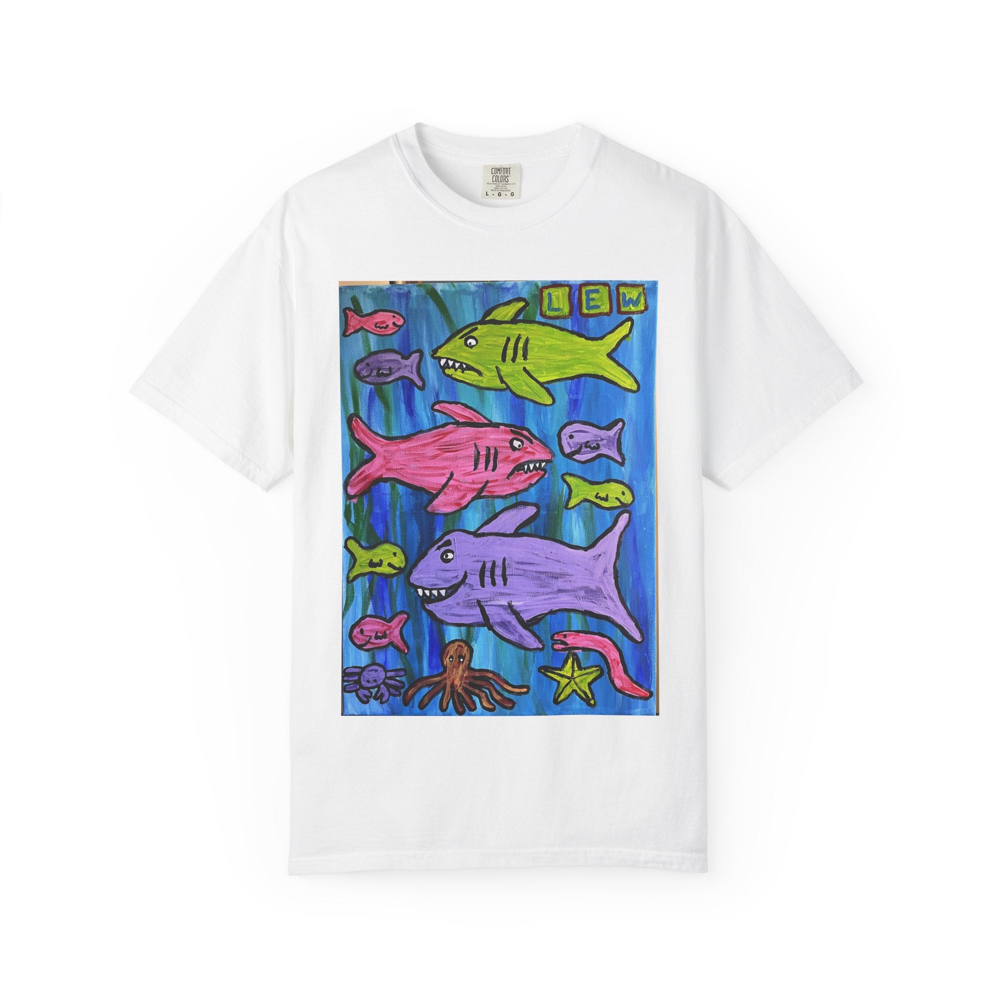 Colorful Cartoon Sharks T-Shirt — Cute Ocean Fish Art Tee